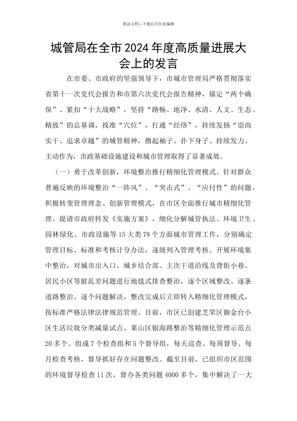 城管局在全市2024年度高质量发展大会上的发言_第1页