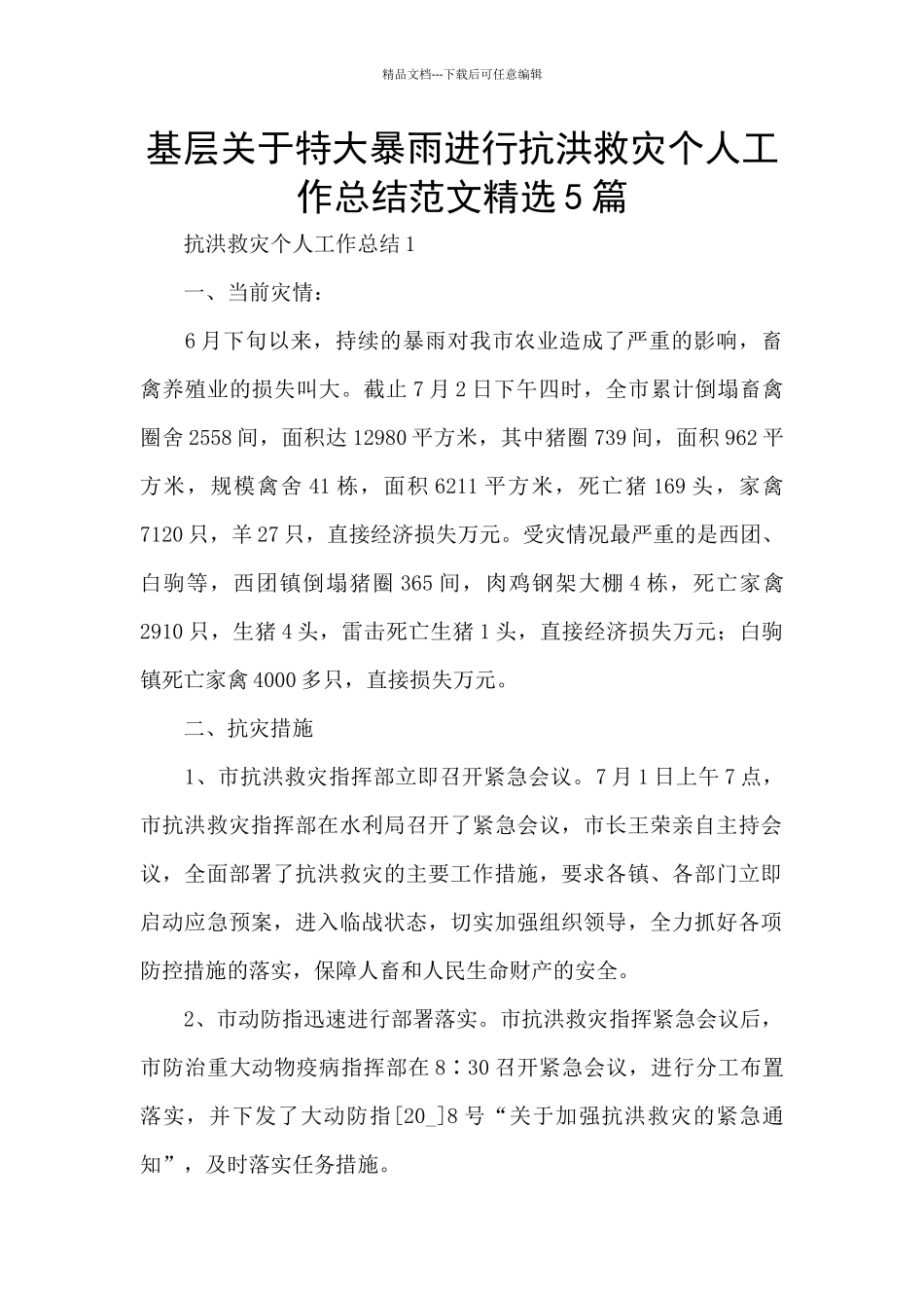 基层关于特大暴雨进行抗洪救灾个人工作总结范文精选5篇_第1页