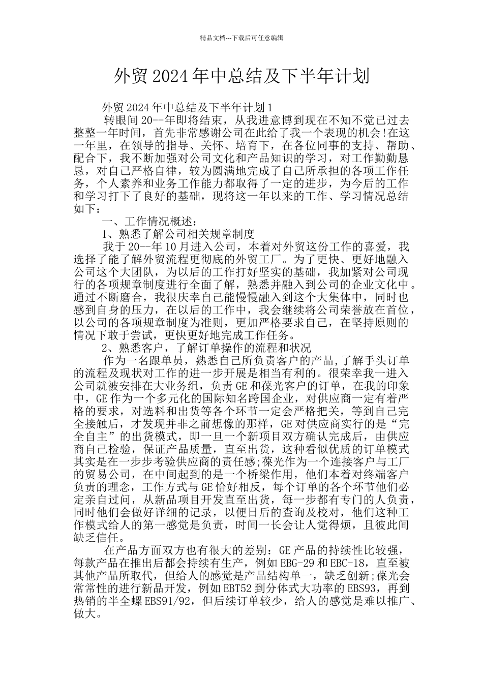 外贸2024年中总结及下半年计划_第1页