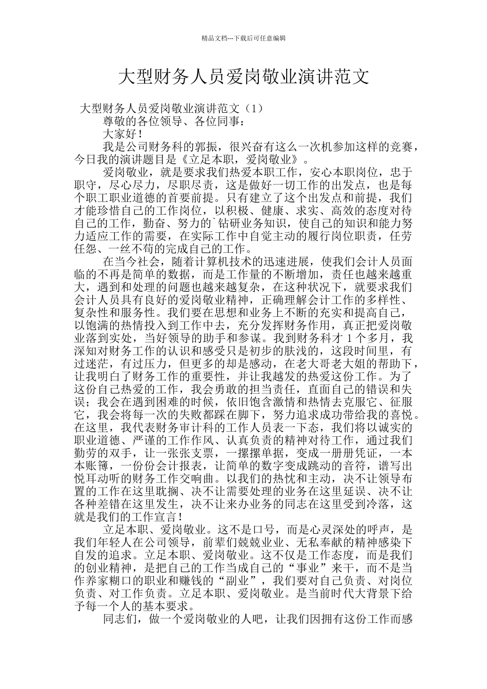 大型财务人员爱岗敬业演讲范文_第1页