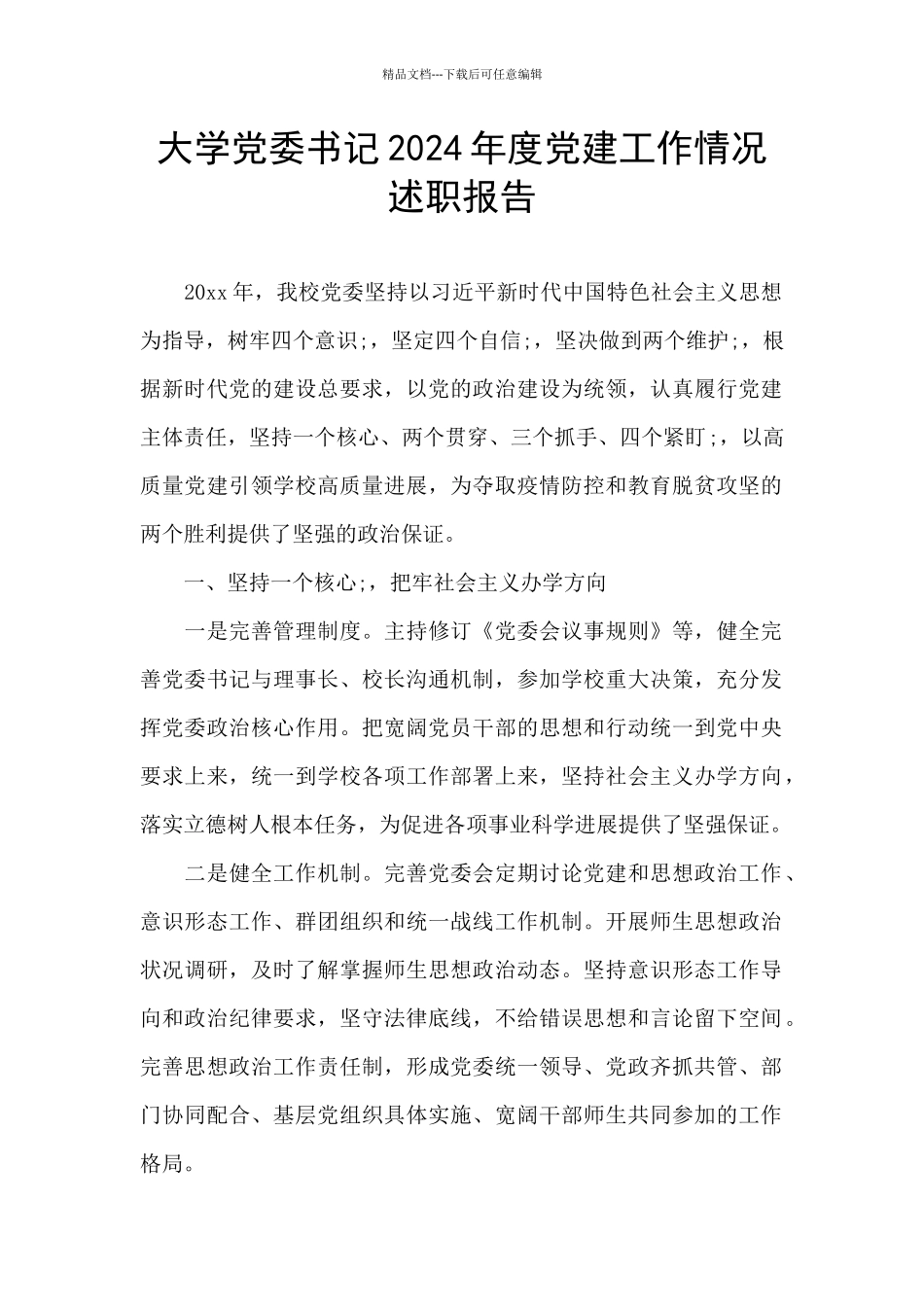 大学党委书记2024年度党建工作情况述职报告_第1页