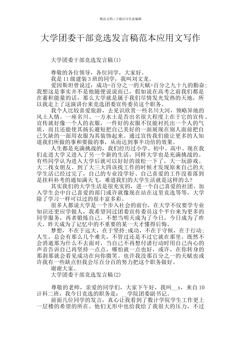 大学团委干部竞选发言稿范本应用文写作_第1页