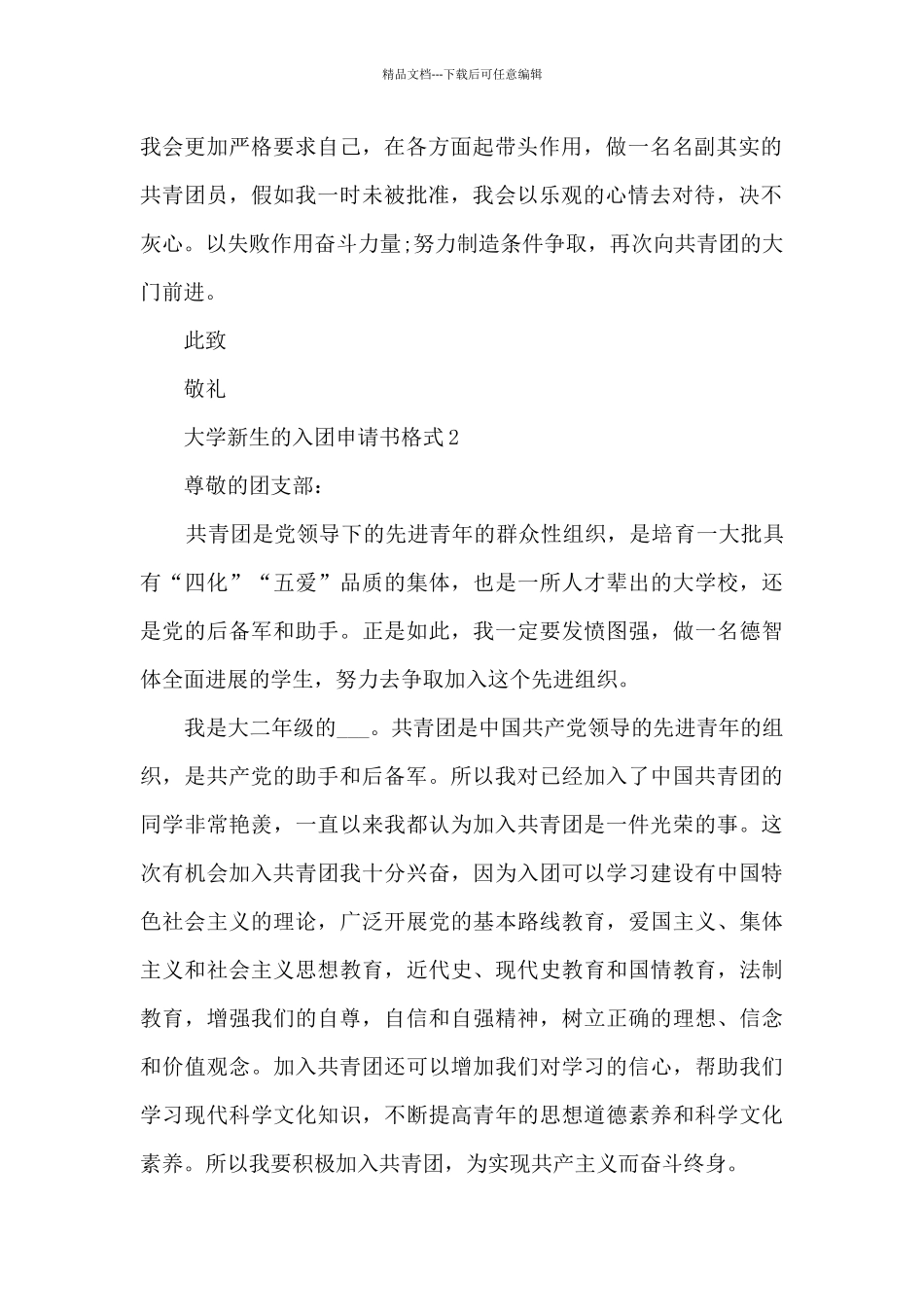 大学新生的入团申请书格式范文_第2页