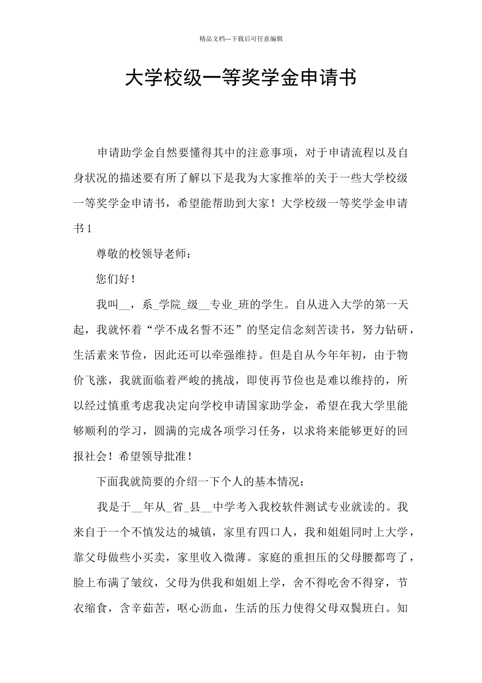 大学校级一等奖学金申请书_第1页