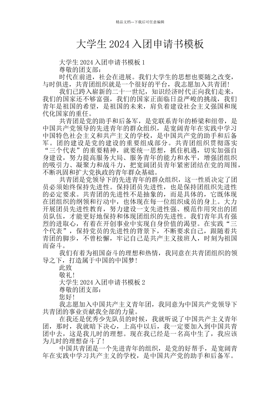 大学生2024入团申请书模板_第1页