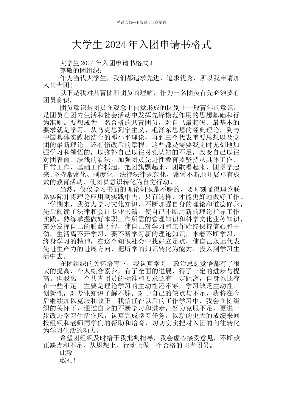 大学生2024年入团申请书格式_第1页