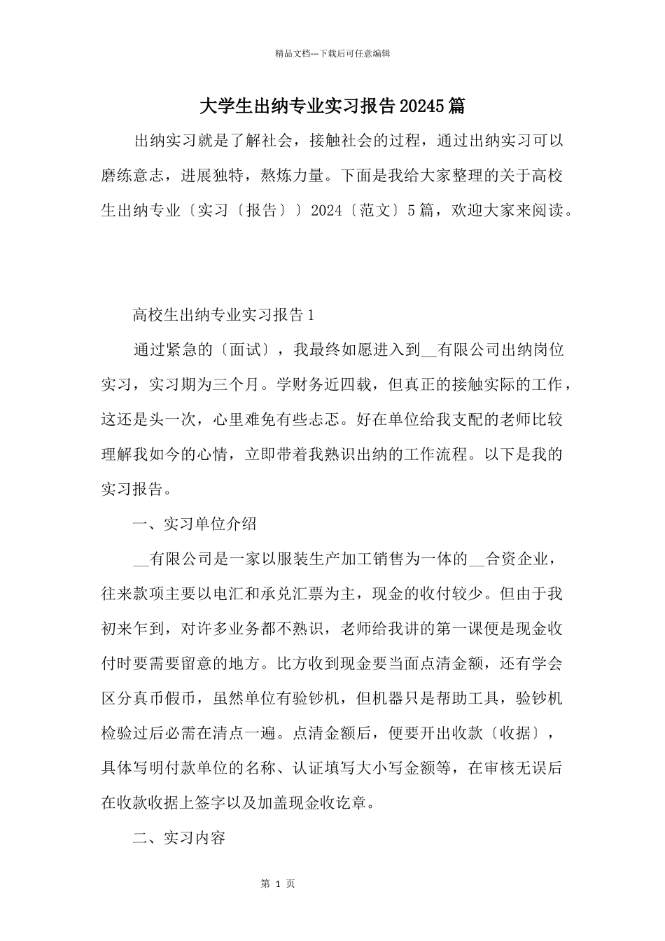 大学生出纳专业实习报告20245篇_第1页