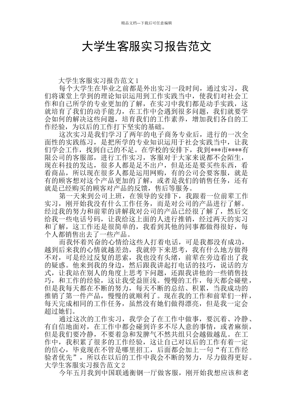 大学生客服实习报告范文_第1页