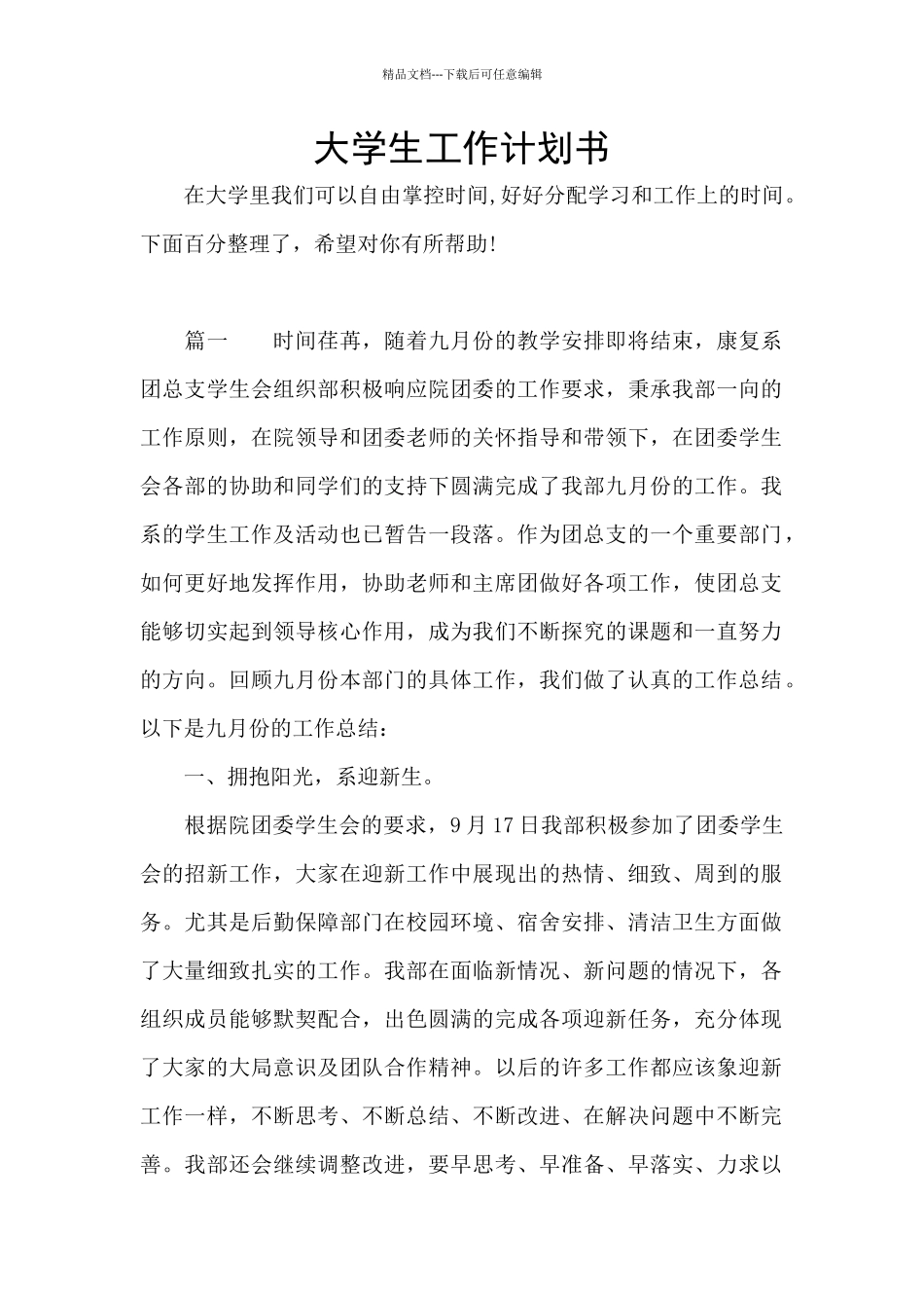 大学生工作计划书_第1页