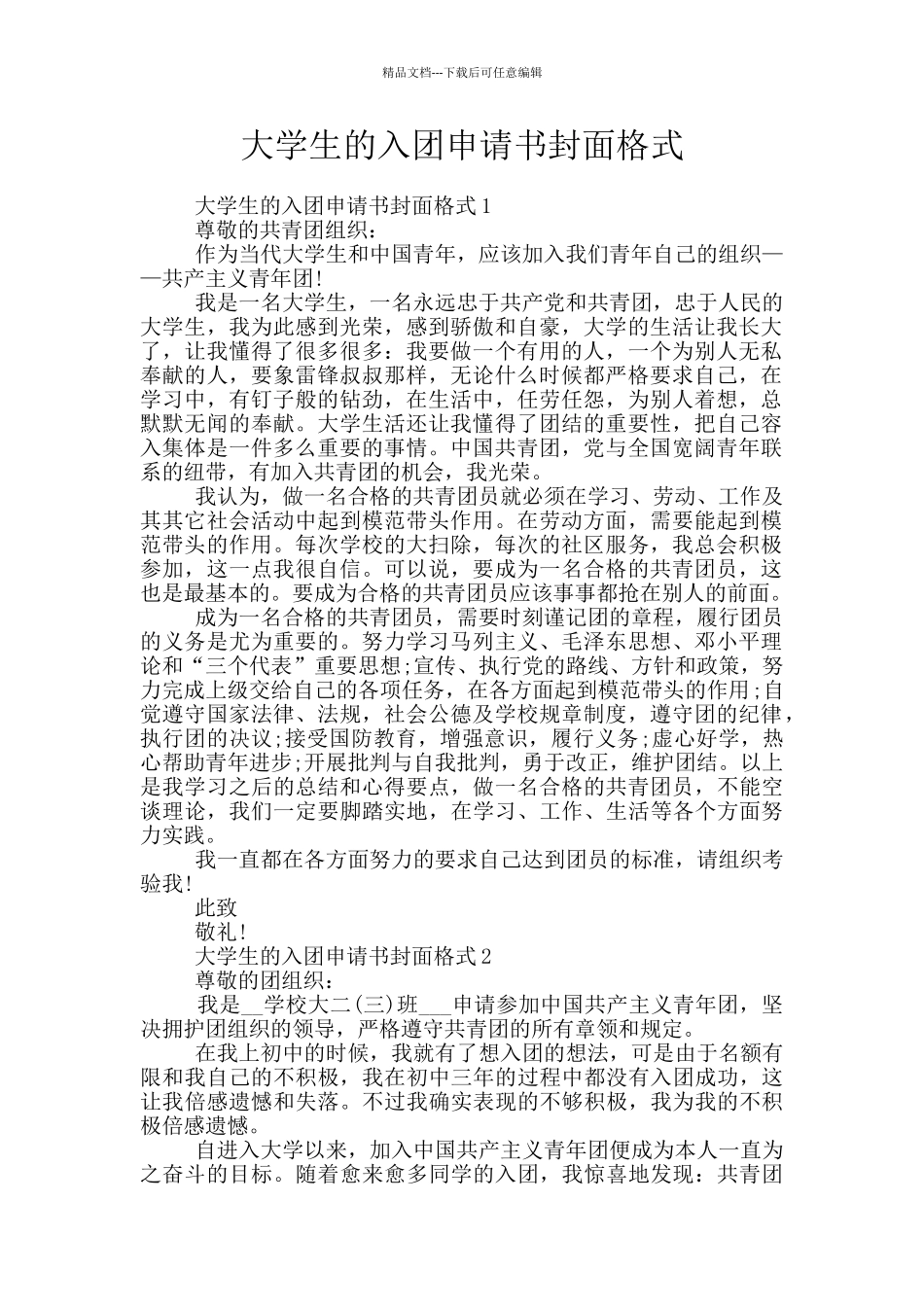 大学生的入团申请书封面格式_第1页