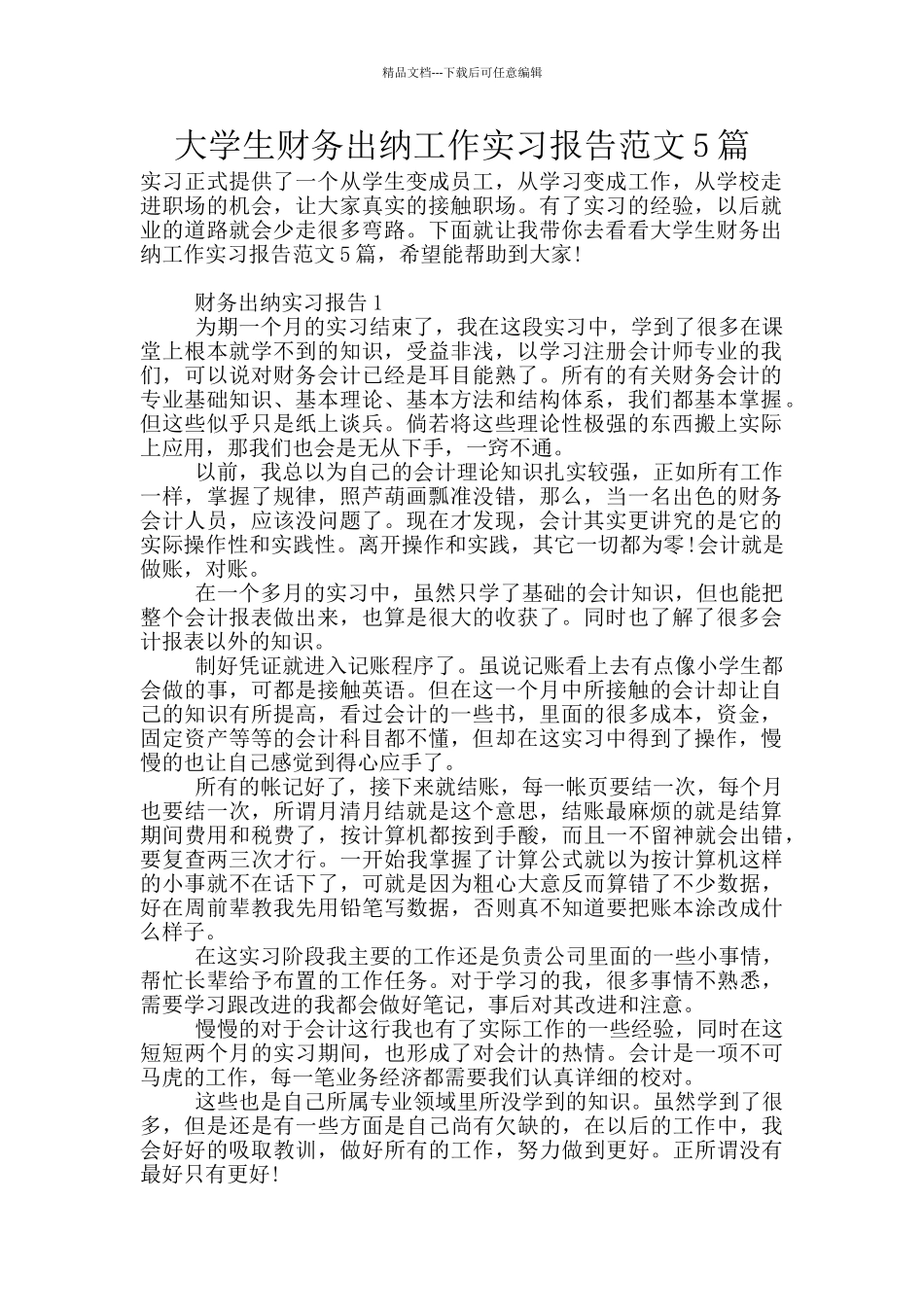 大学生财务出纳工作实习报告范文5篇_第1页