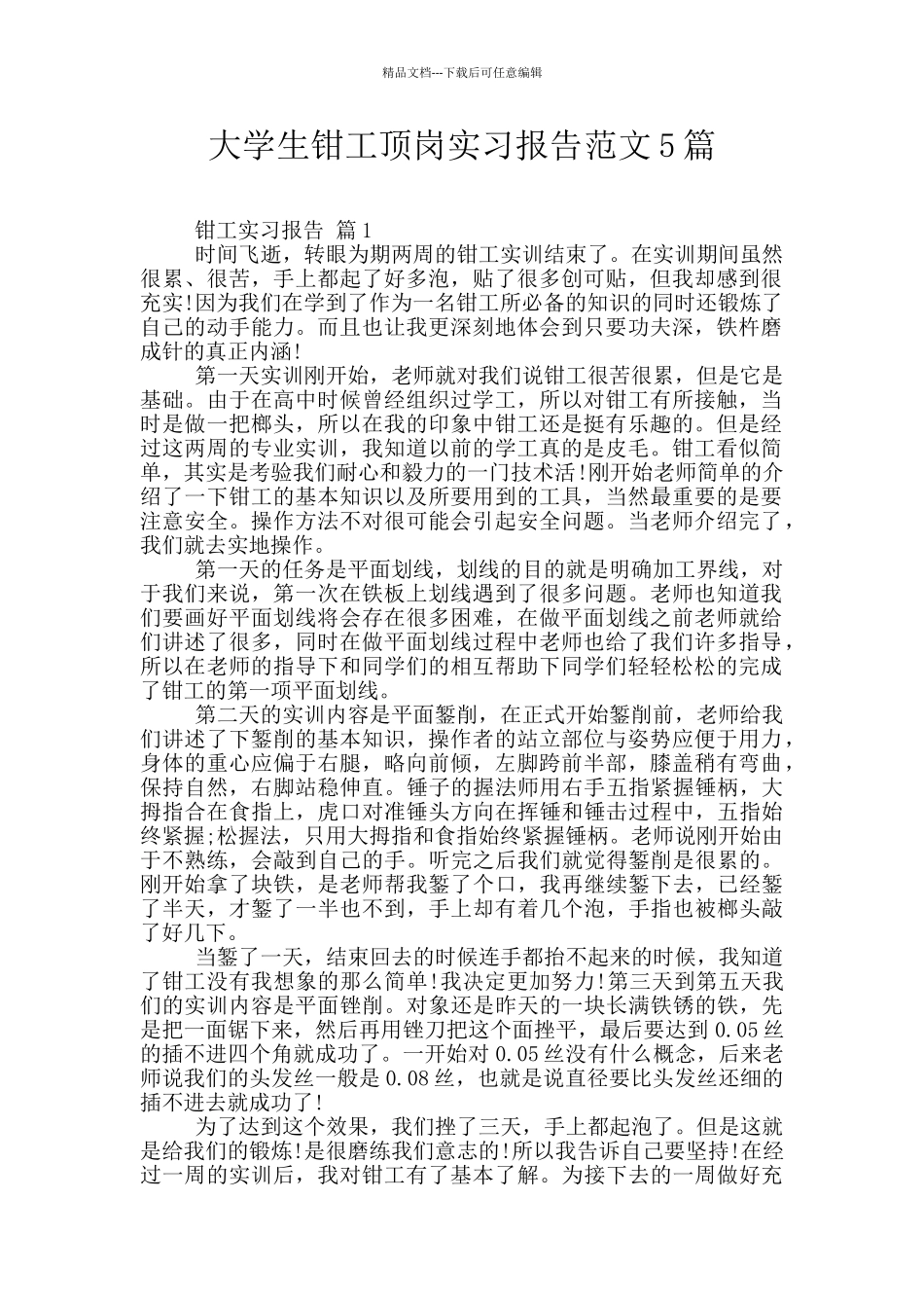 大学生钳工顶岗实习报告范文5篇_第1页