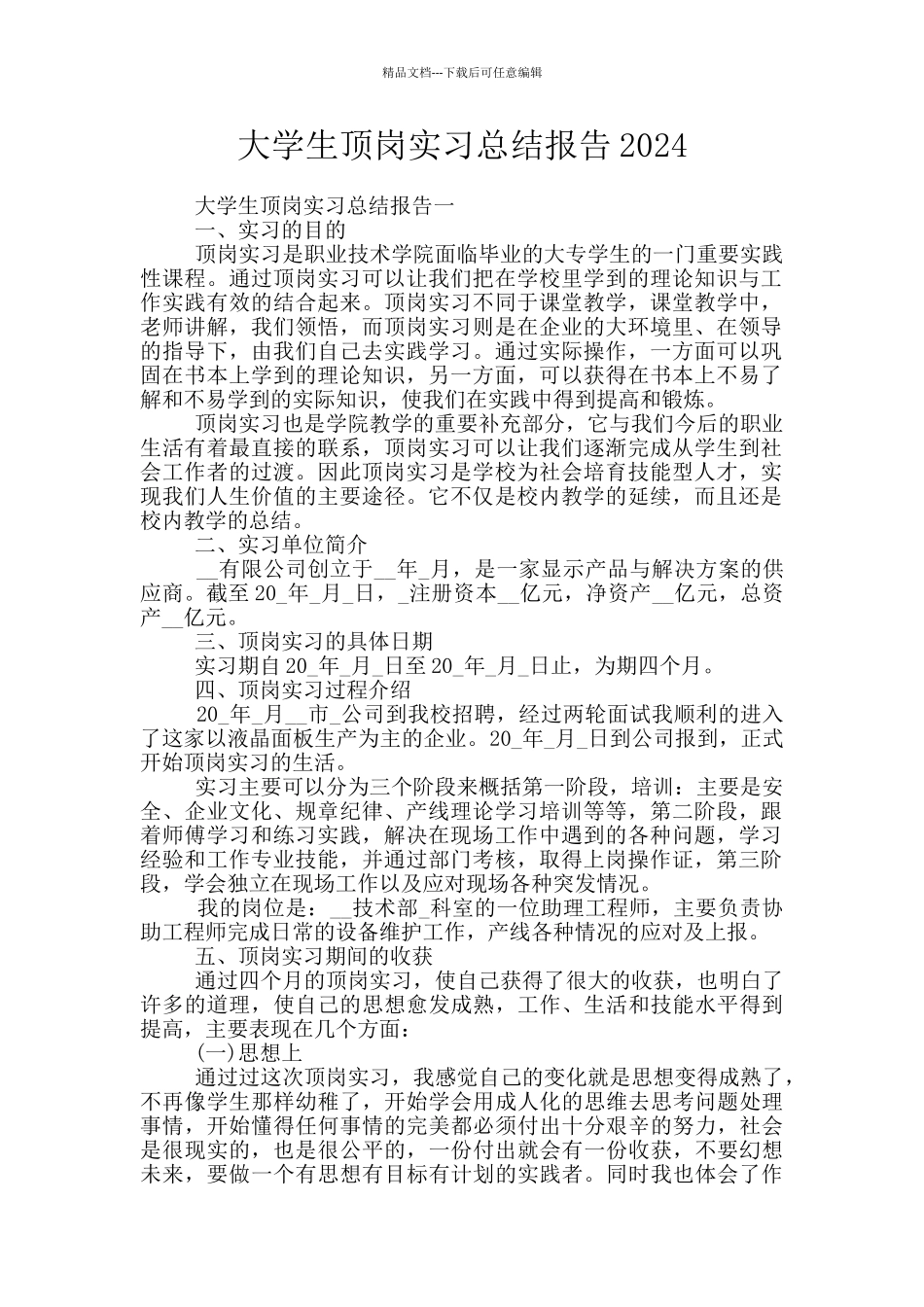 大学生顶岗实习总结报告2024_第1页