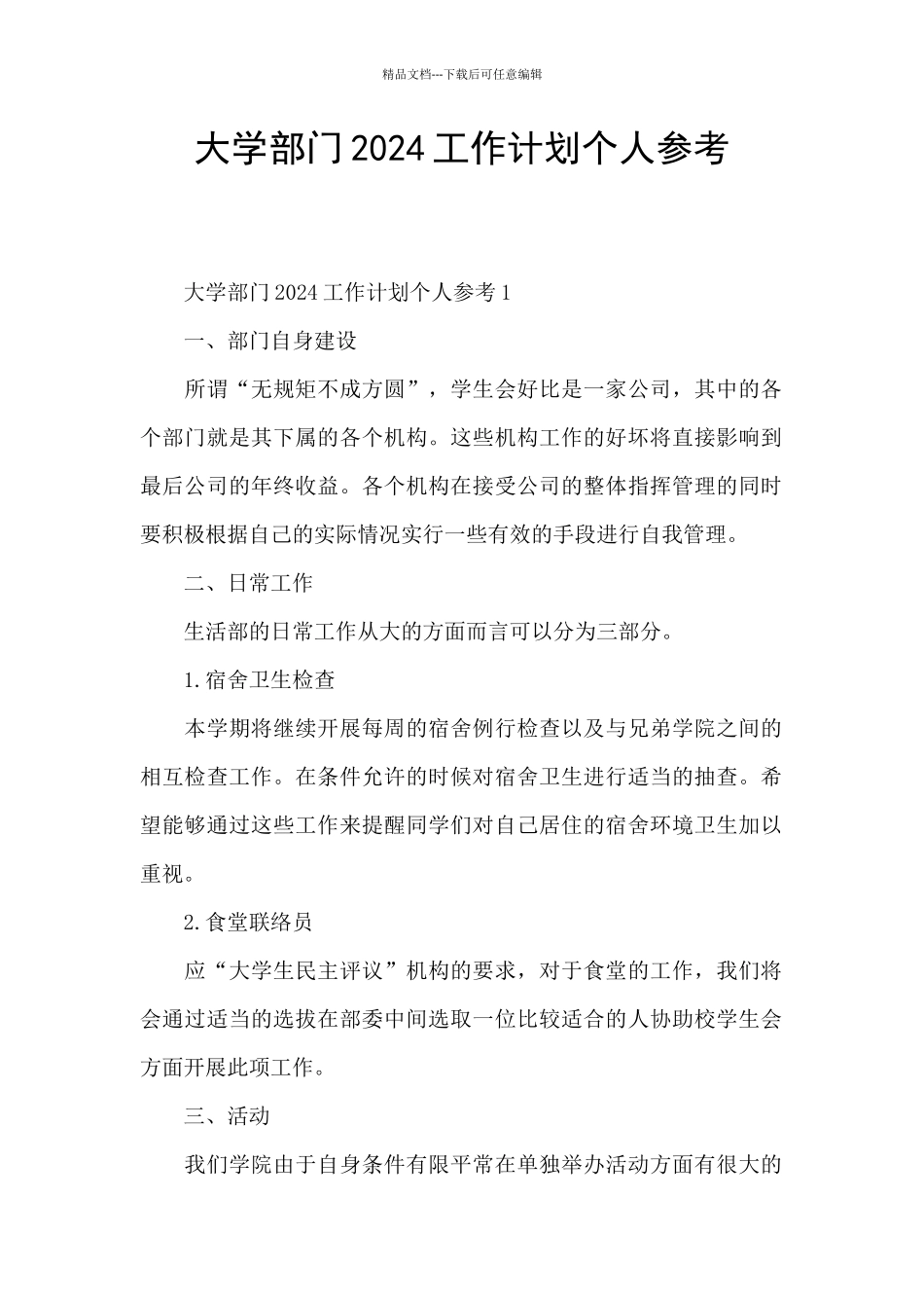 大学部门2024工作计划个人参考_第1页