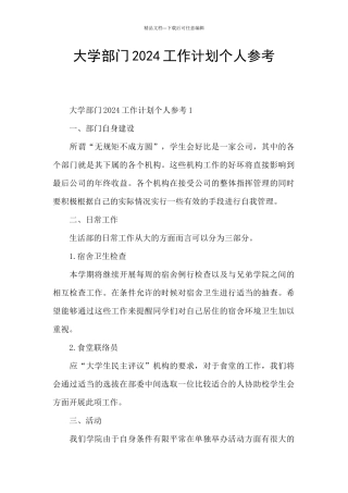 大学部门2024工作计划个人参考