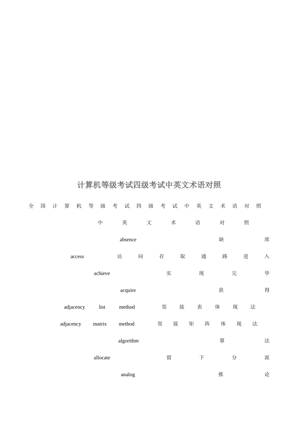 2025年计算机四级考试中英文术语对照_第1页