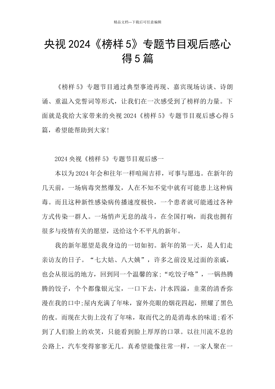 央视2024《榜样5》专题节目观后感心得5篇_第1页