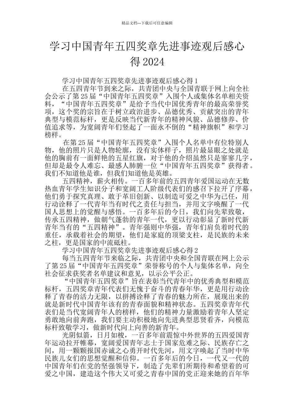 学习中国青年五四奖章先进事迹观后感心得2024_第1页