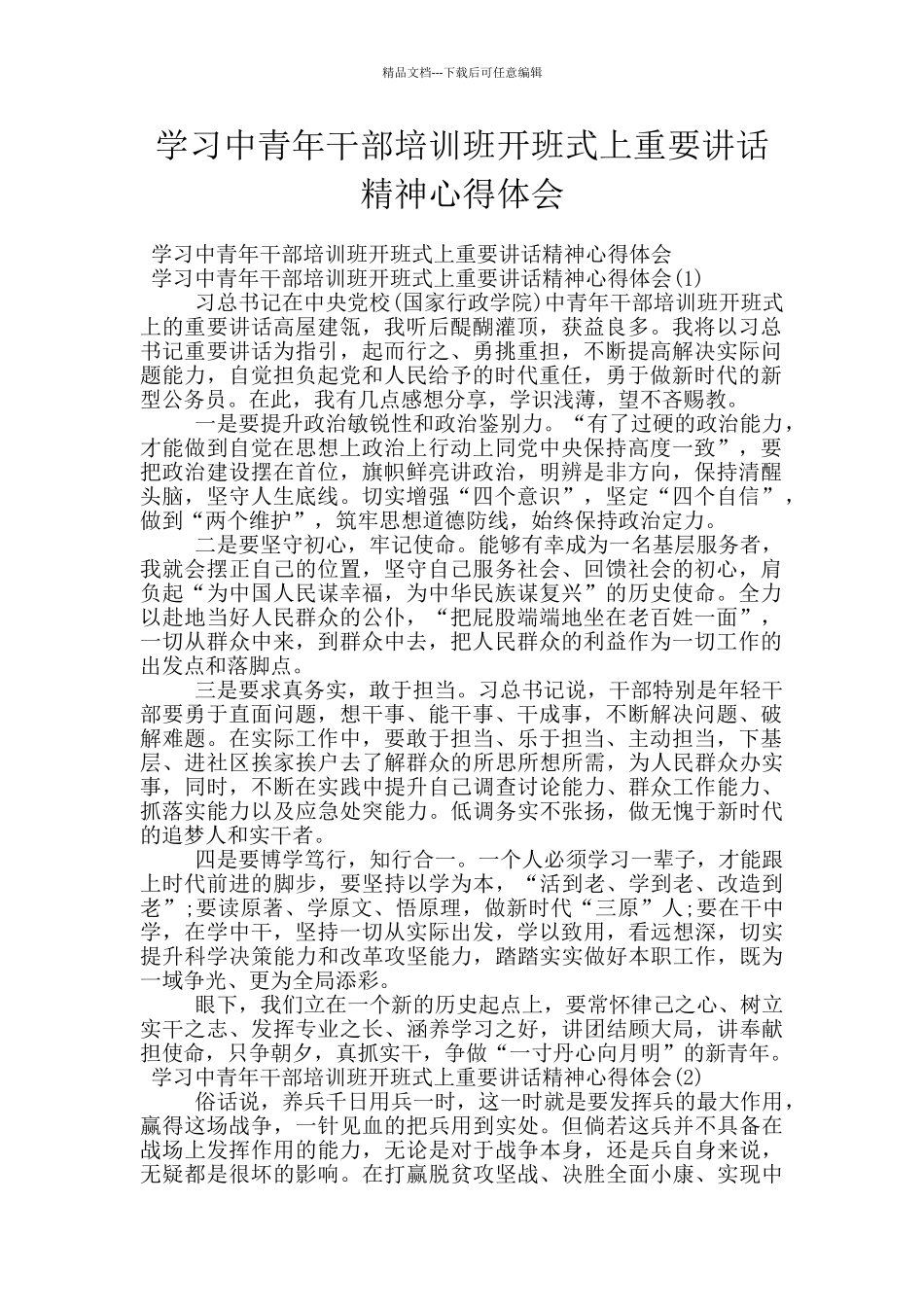 学习中青年干部培训班开班式上重要讲话精神心得体会_第1页