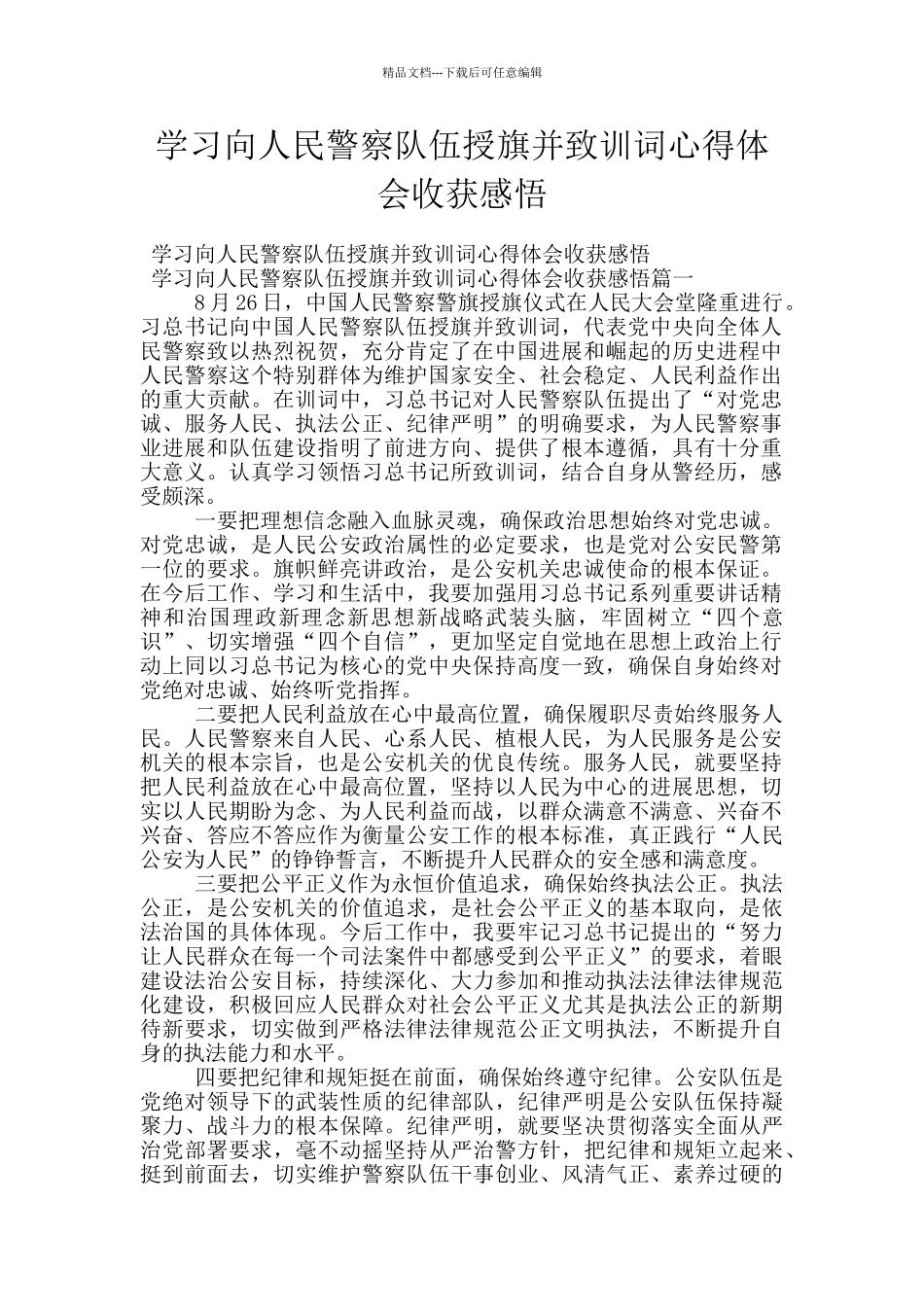 学习向人民警察队伍授旗并致训词心得体会收获感悟_第1页