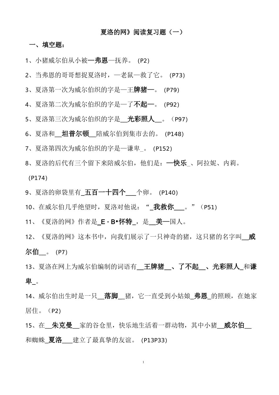 《夏洛的网》阅读复习题_第1页