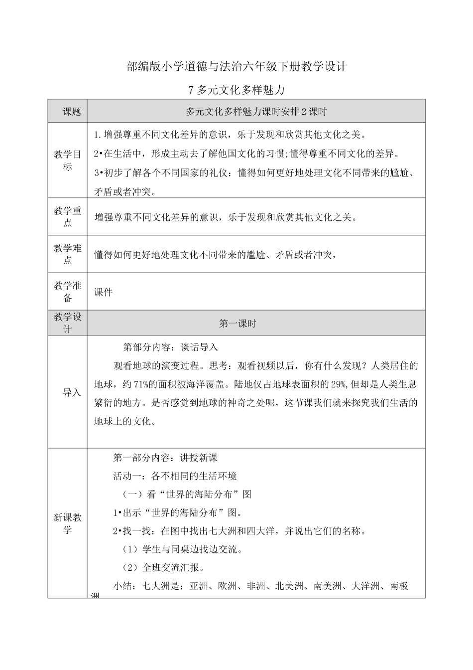 【部编版道德与法治六年级下册】7 多元文化 多样魅力 教案_第1页