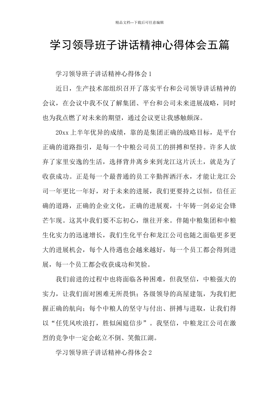 学习领导班子讲话精神心得体会五篇_第1页