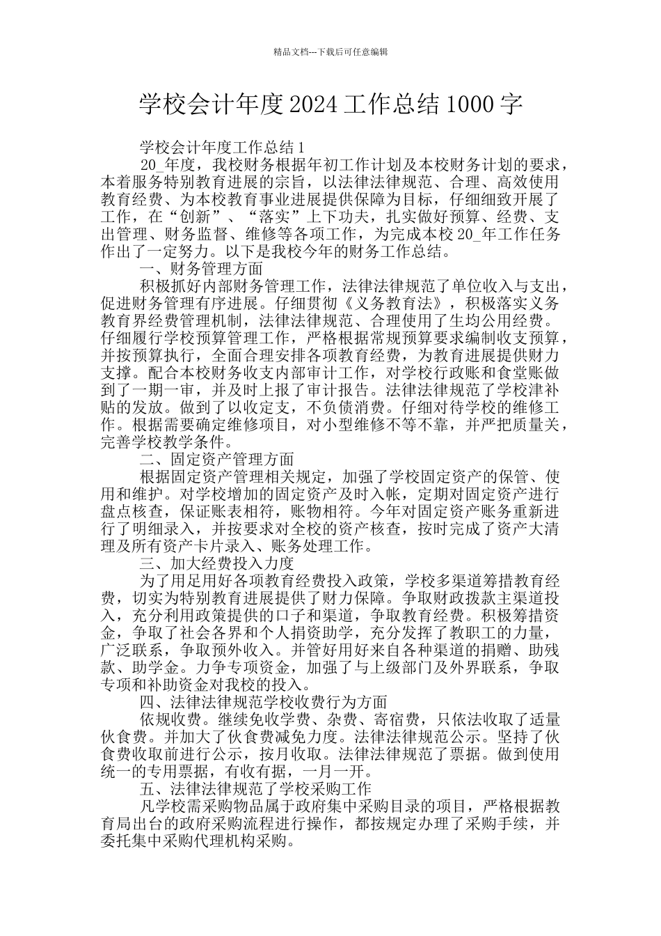 学校会计年度2024工作总结1000字_第1页