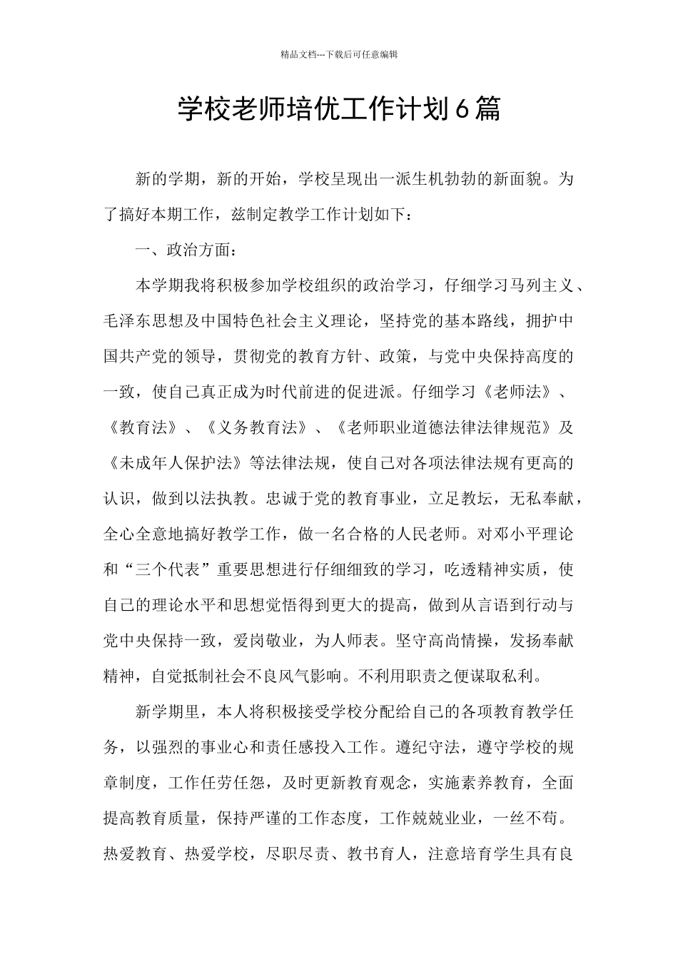 学校教师培优工作计划6篇_第1页