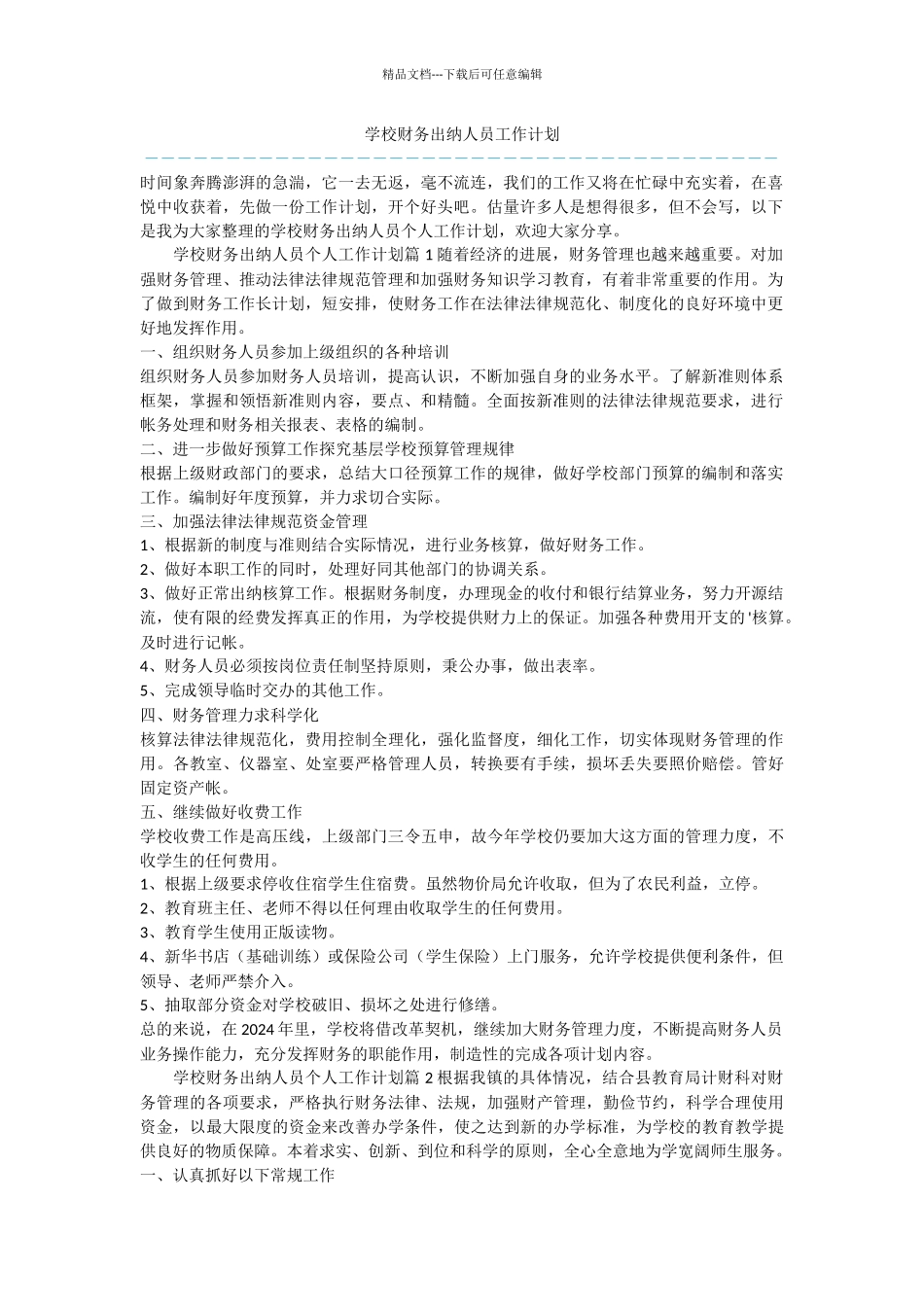 学校财务出纳人员工作计划_第1页