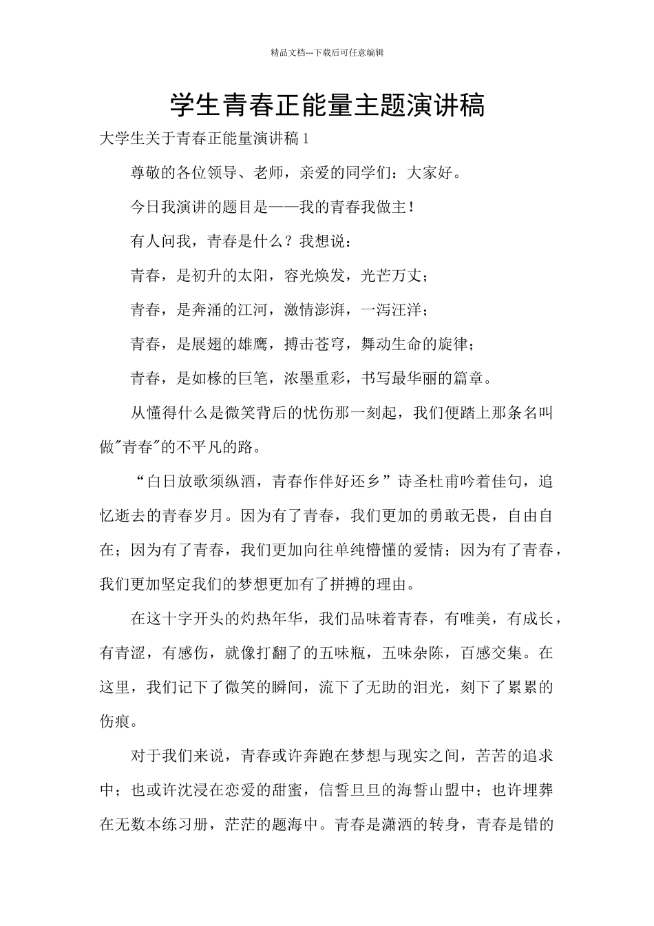 学生青春正能量主题演讲稿_第1页