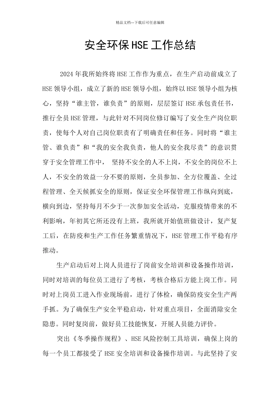 安全环保HSE工作总结_第1页