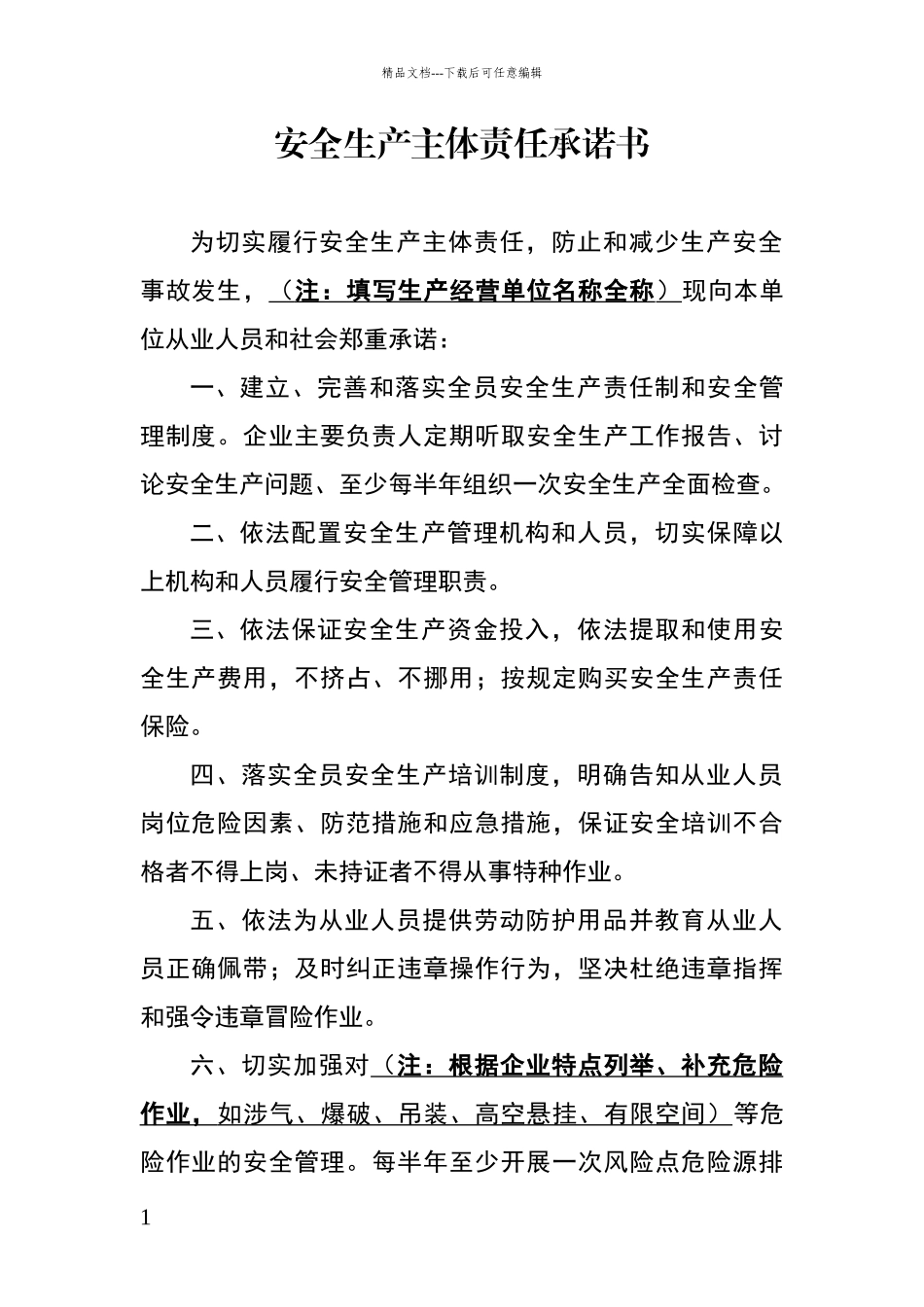 安全生产主体责任承诺书_第1页