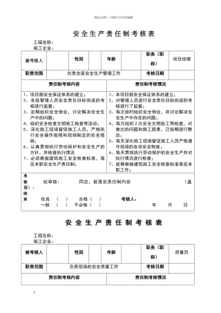 安全生产责任制考核表