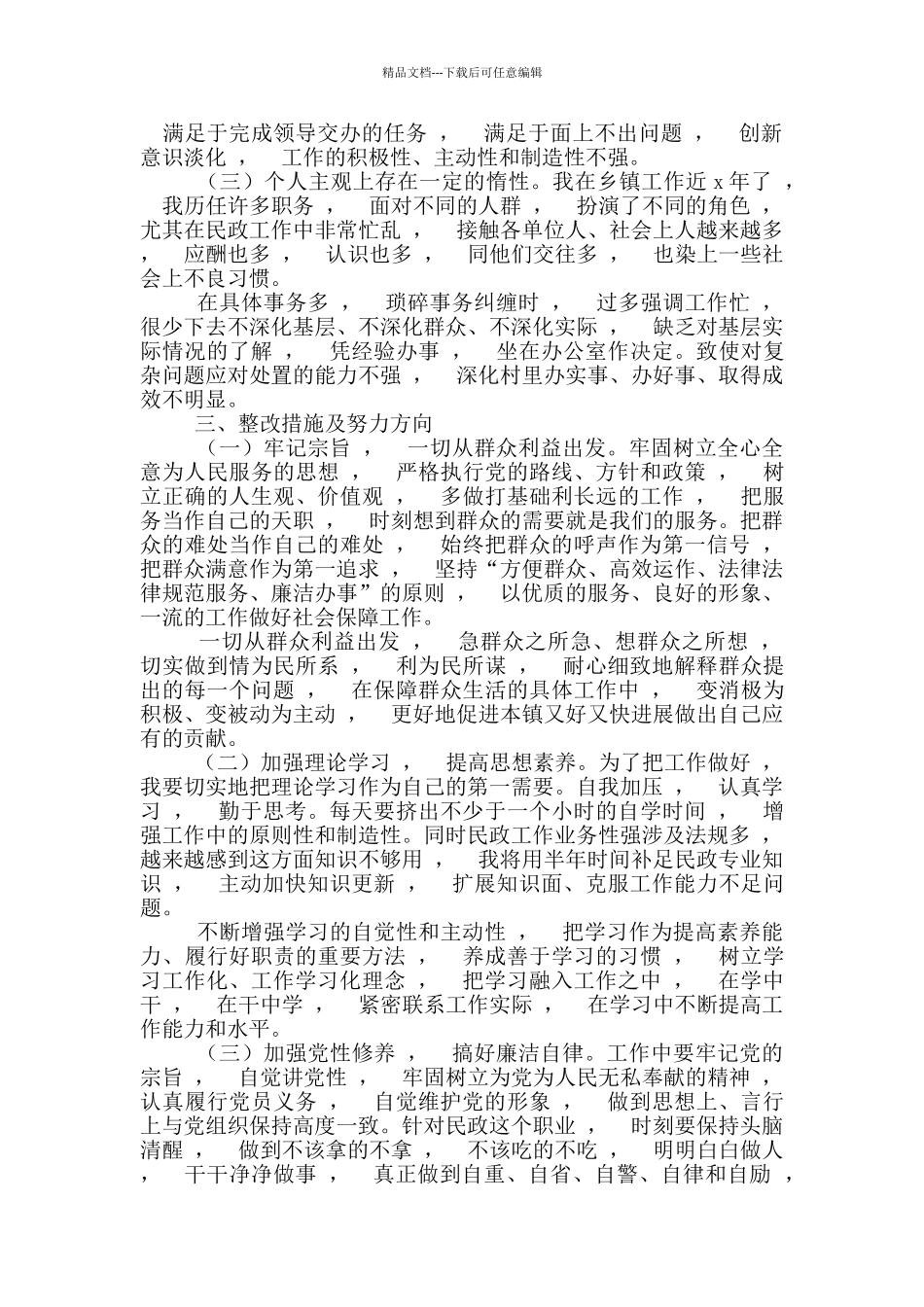 实用文档镇副职2024年对照检查发言材料_第3页