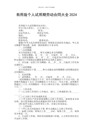 实用版个人试用期劳动合同大全2024