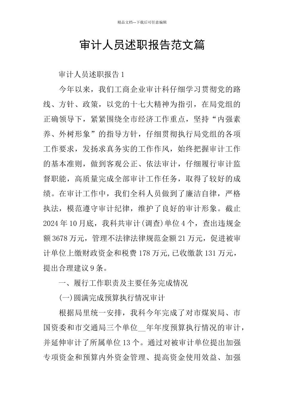 审计人员述职报告范文篇_第1页