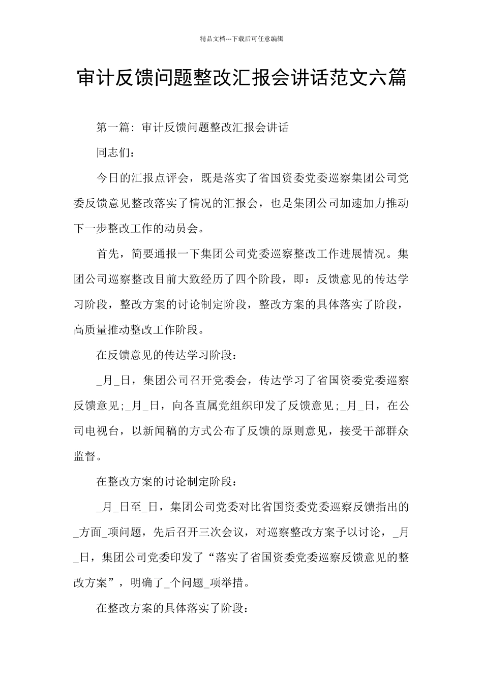 审计反馈问题整改汇报会讲话范文六篇_第1页