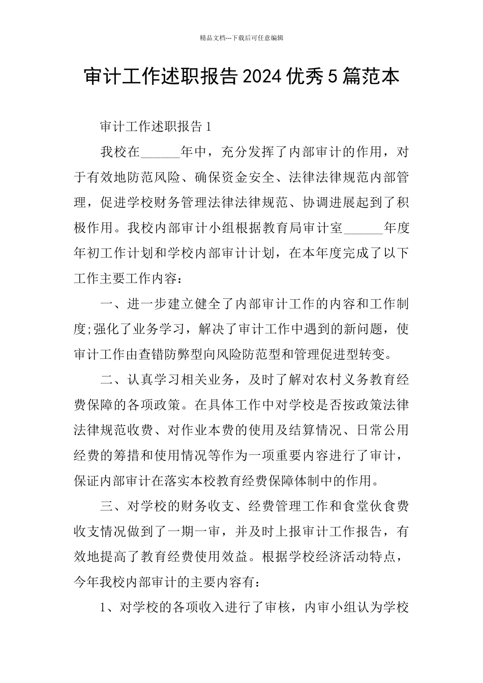 审计工作述职报告2024优秀5篇范本_第1页