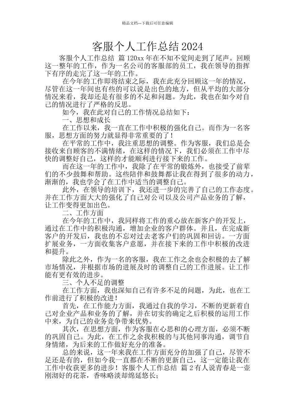 客服个人工作总结2024_第1页