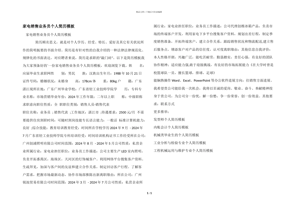 家电销售业务员个人简历模板_第1页