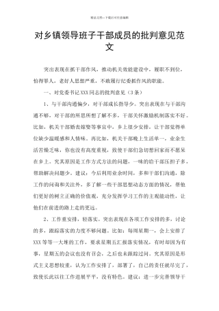对乡镇领导班子干部成员的批评意见范文