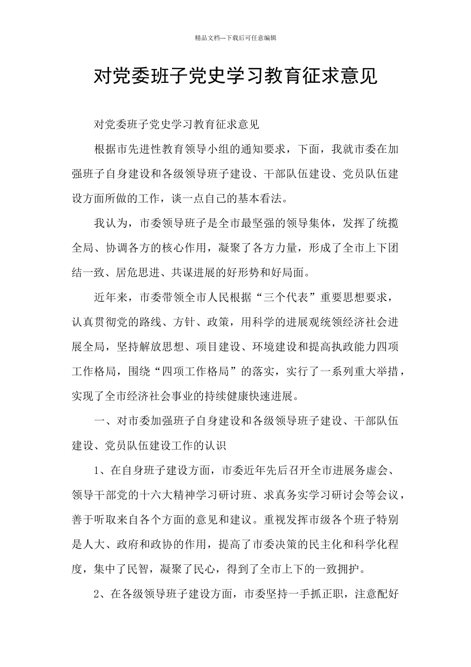 对党委班子党史学习教育征求意见_第1页