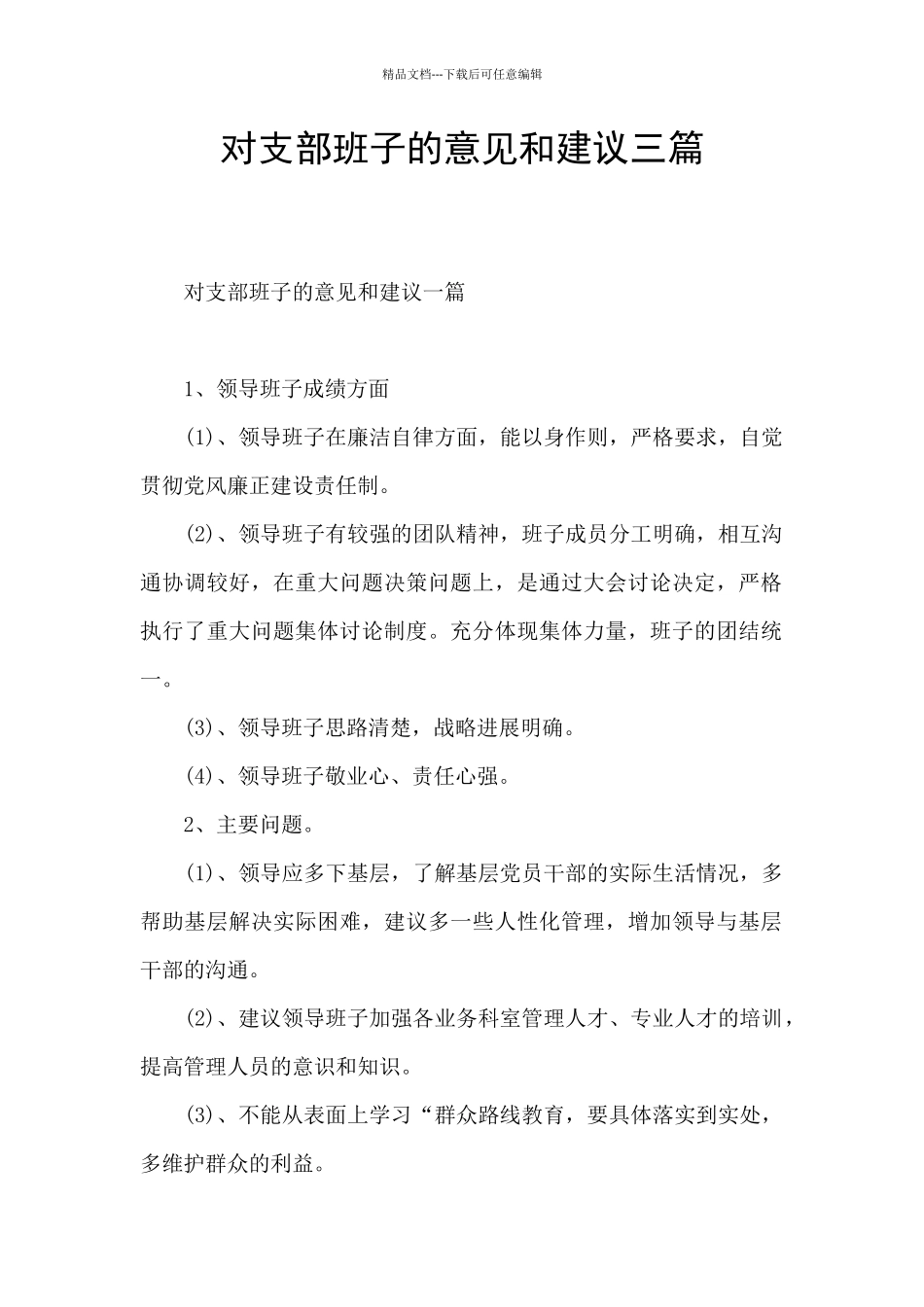 对支部班子的意见和建议三篇_第1页