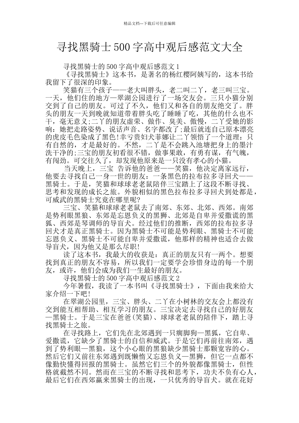 寻找黑骑士500字高中观后感范文大全_第1页