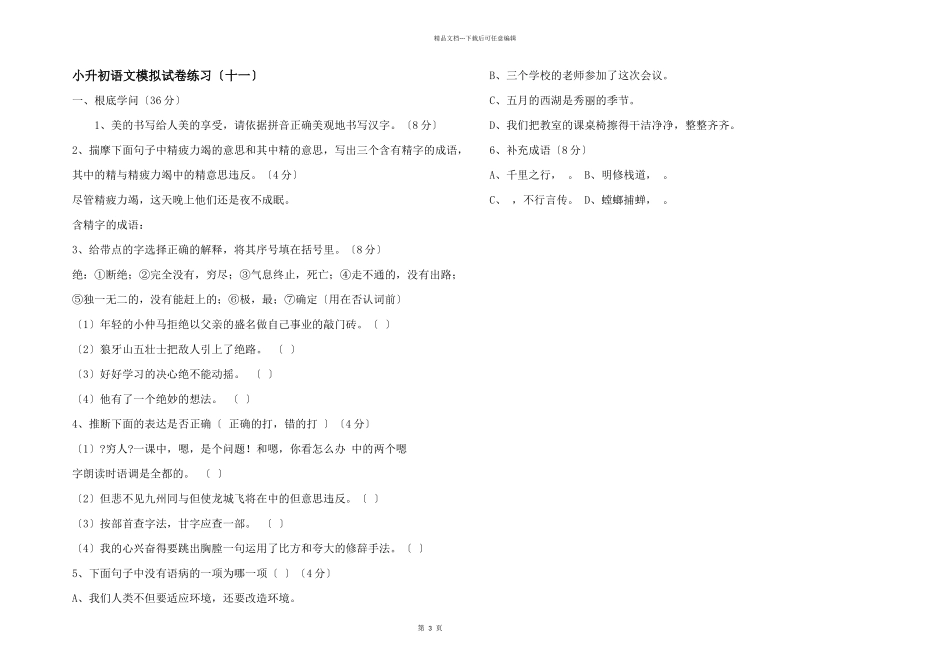 小升初语文模拟试卷练习（十一）_第1页