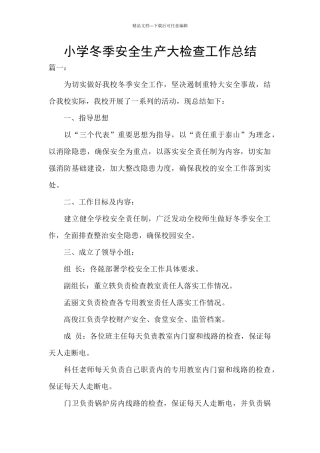 小学冬季安全生产大检查工作总结