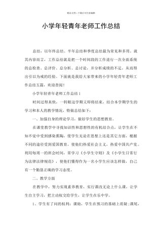 小学年轻青年教师工作总结