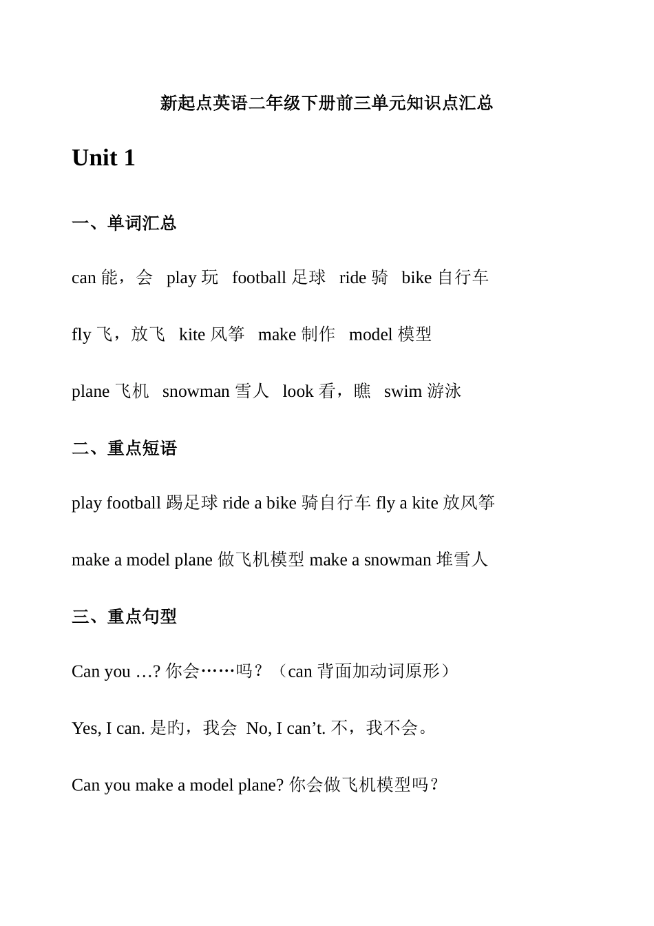 2025年新起点英语二年级下册前三单元知识点汇总_第1页