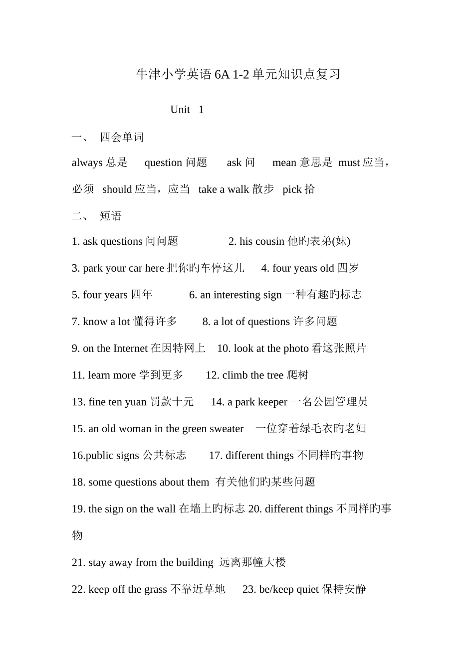 2025年牛津小学英语6A单元知识点汇总_第1页